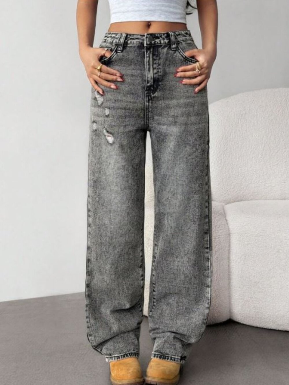 SHEIN Teen Girls 12-13Y Gray Acid Wash Wide Leg Jeans